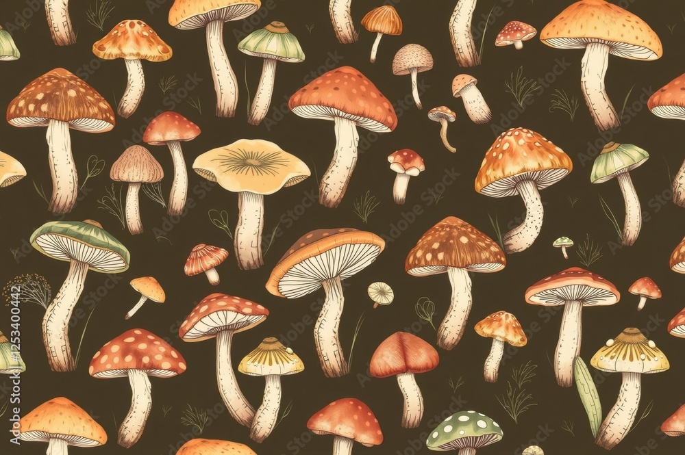 Seamless Pattern of Colorful Mushrooms