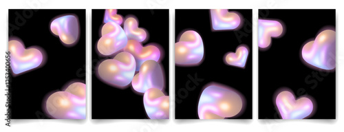 Iridescent 3D hearts with pearlescent glow floating on black background Set. Modern and futuristic romantic design, perfect for Valentine's Day, posters, cover, banner, digital art.Vector illustration