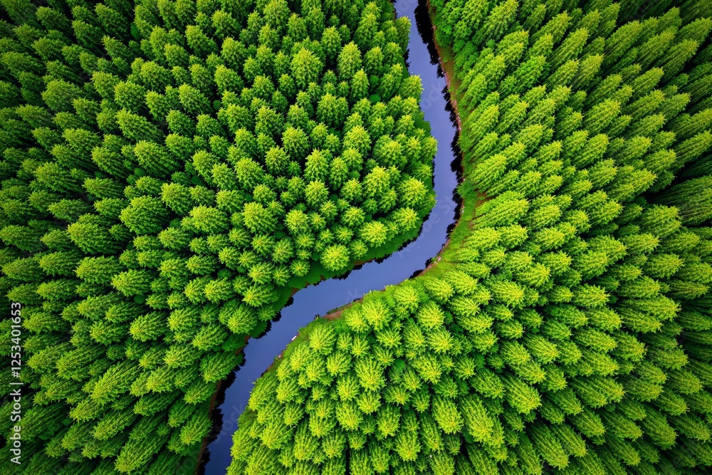 Obraz premium Aerial view of a winding river cutting through lush green forest.
