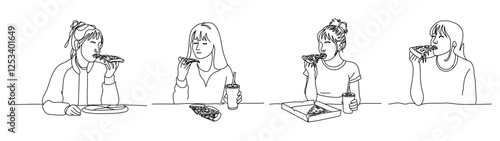 The drawing of a girl eating a hot pizza slice is a perfect alternative for a pizzeria logo or poster design.