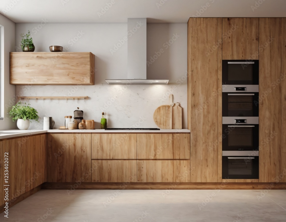 Modern Kitchen interior with empty blank wall for mockup template display. 3D Rendering Modern Kitchen interior with empty blank wall for mockup template display. 3D Rendering