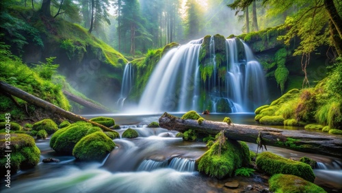 Serene Waterfall Cascading Through Lush Mossy Forest, Sunlight Filtering Through Canopy