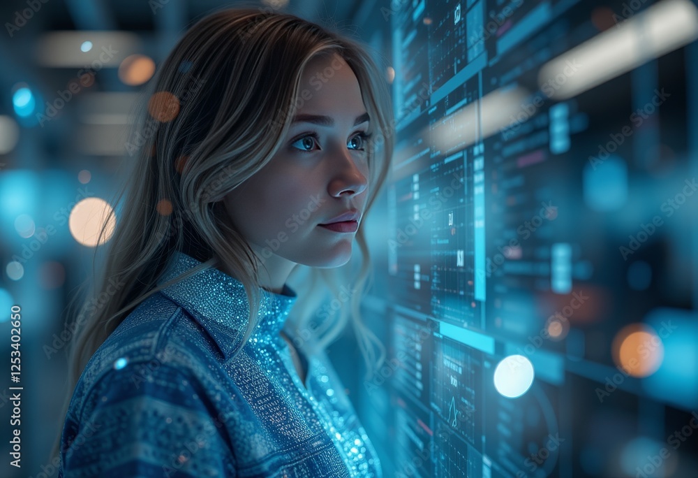 A woman with a futuristic digital interface in a high-tech environment showcasing cutting edge technology and innovation. A woman with a futuristic digital interface in a high-tech environment showcasing cutting edge technology and innovation.
