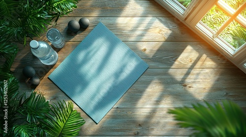 Sunny yoga mat, water bottle, and weights near window photo