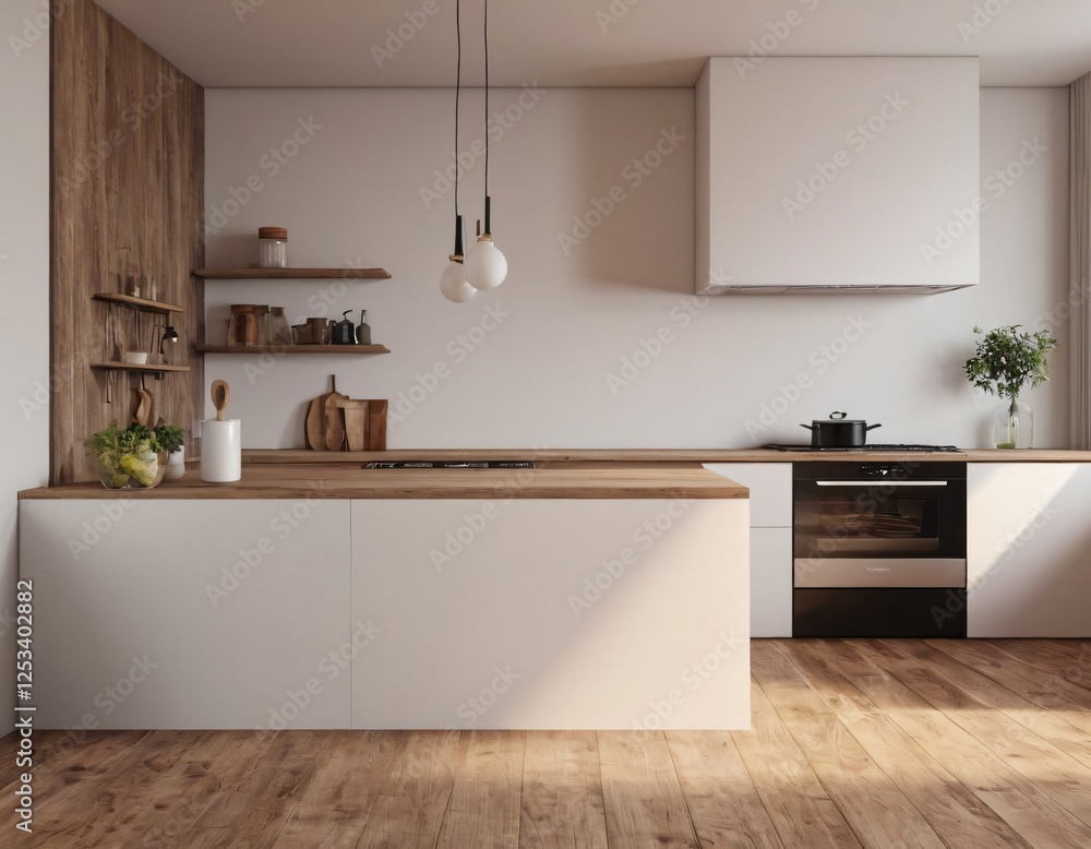 Fototapeta premium Modern Kitchen interior with empty blank wall for mockup template display. 3D Rendering