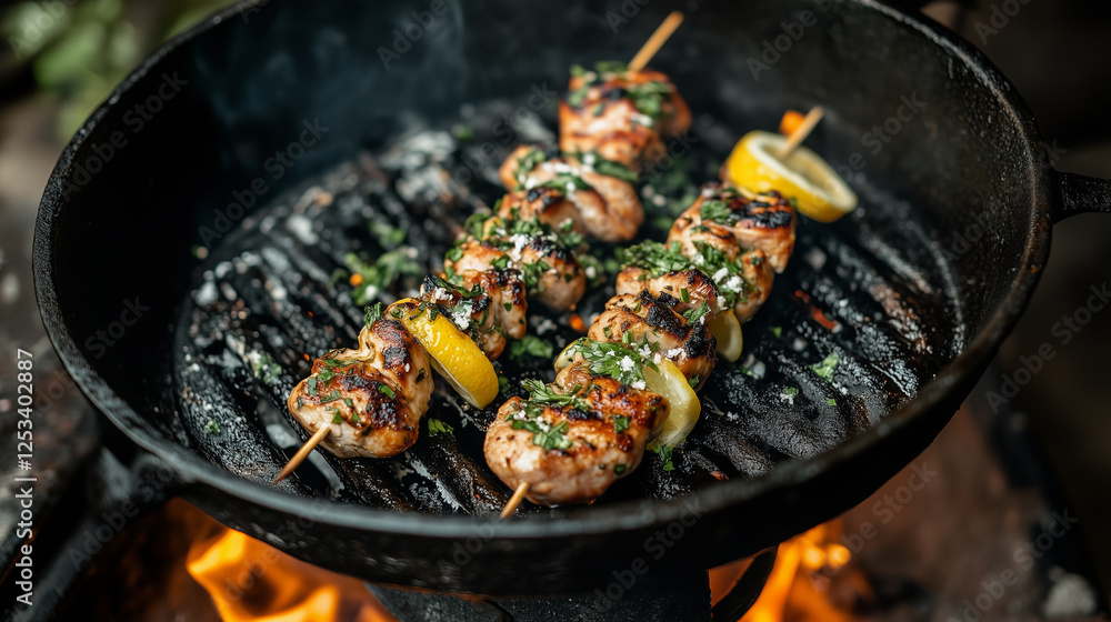 Smoked chicken skewers on a cast iron grill, topped with finely chopped herbs and zesty lemon slices Smoked chicken skewers on a cast iron grill, topped with finely chopped herbs and zesty lemon slices