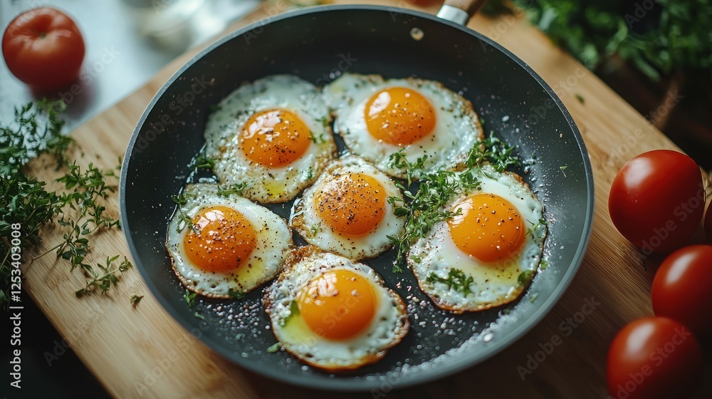 Sunny-side up eggs frying in pan, kitchen setting Sunny-side up eggs frying in pan, kitchen setting