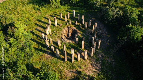 Aerial view of ancient stone circle in a grassy field. Possible use Educational, historical, nature photography photo