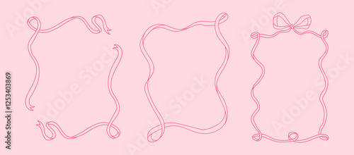 Frames of coquette pretty charming pink bows and hearts. Hand drawn trendy ribbons border. Vintage bowknots frame for greeting cards, wedding, invitations, social media
