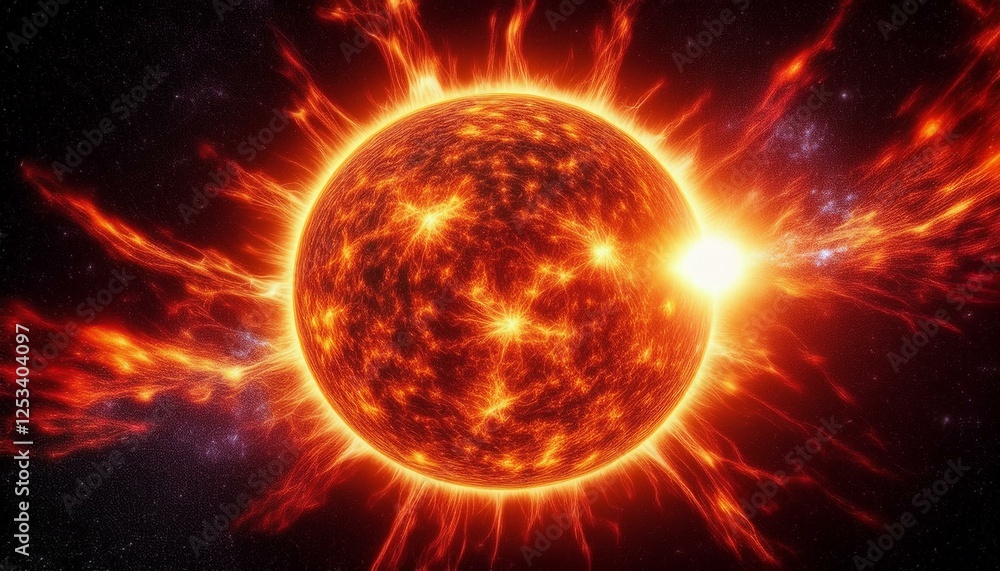 Obraz premium sun landscapes concept, the sun surface, fire with dark night universe in background with stars