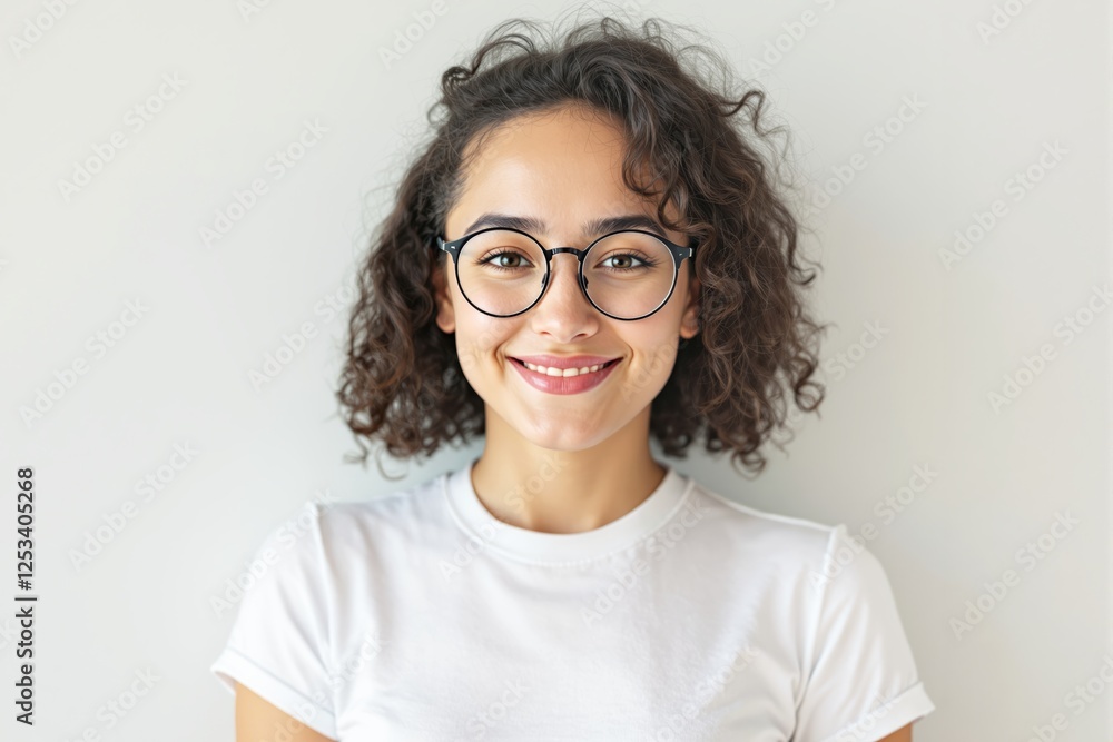 Obraz premium Smiling woman with curly hair and glasses on light neutral background.