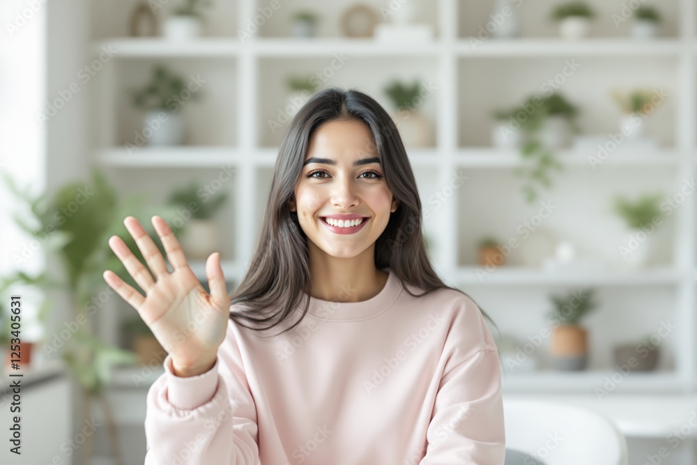 Smiling woman waving hand with indoor plants in the background. Smiling woman waving hand with indoor plants in the background.