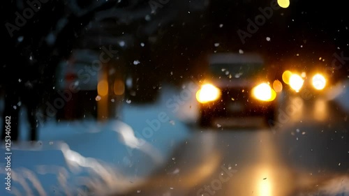 Snowy Night Scene with Car Lights