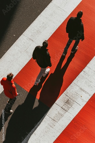 Overhead view of three people walking on a striped pedestrian crossing. Possible use Stock photo for city life, urban scenes, or pedestrian safety photo