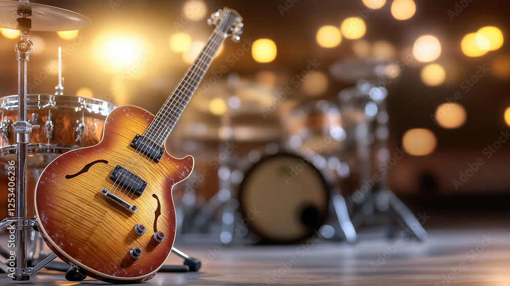 Fototapeta premium guitar leaning against drum set in vibrant music studio, illuminated by soft bokeh lights, creating lively and inspiring atmosphere for musicians