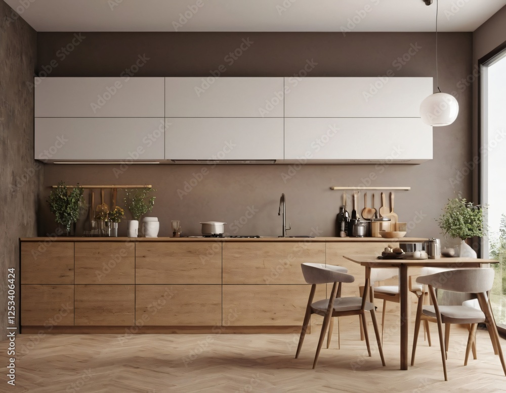 Modern Kitchen interior with empty blank wall for mockup template display. 3D Rendering Modern Kitchen interior with empty blank wall for mockup template display. 3D Rendering