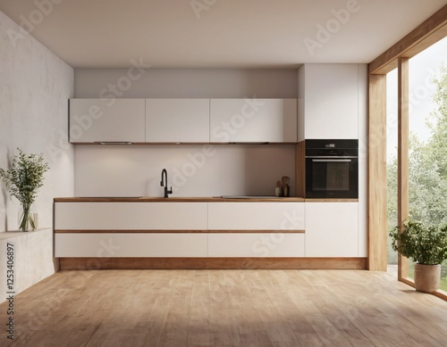 Modern Kitchen interior with empty blank wall for mockup template display. 3D Rendering