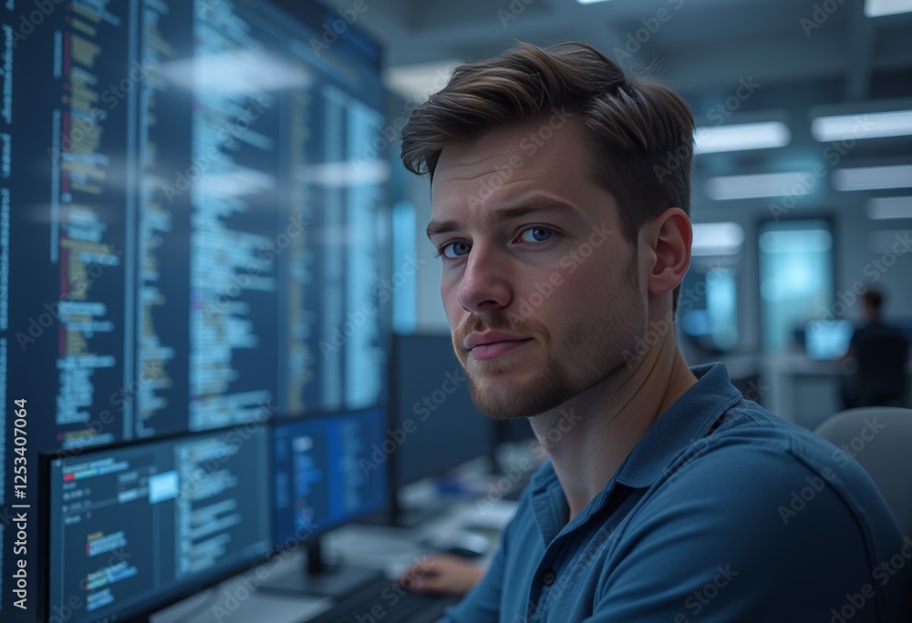 Focused mature man with glasses working on a computer in a high-tech office environment Focused mature man with glasses working on a computer in a high-tech office environment