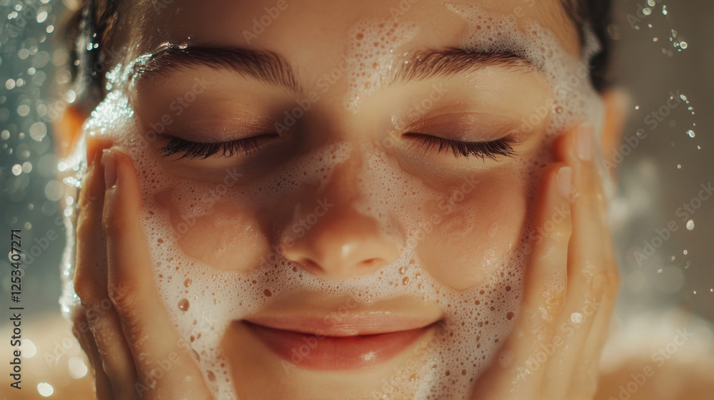 A joyful woman is washing her face with gentle soap, visibly relaxed and content, enjoying her evening skincare ritual in a cozy environment A joyful woman is washing her face with gentle soap, visibly relaxed and content, enjoying her evening skincare ritual in a cozy environment