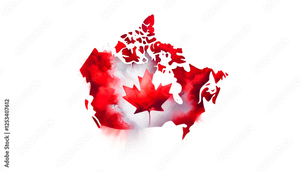 Canada Map With A Watercolor Flag Effect, Featuring The Red Maple Leaf. Symbol Of National Identity, Unity, And Pride. Ideal For Travel, Business, National Holidays, And Cultural Promotions. Canada Map With A Watercolor Flag Effect, Featuring The Red Maple Leaf. Symbol Of National Identity, Unity, And Pride. Ideal For Travel, Business, National Holidays, And Cultural Promotions.