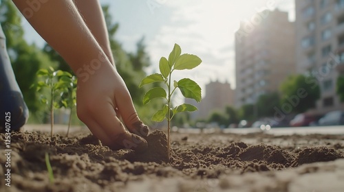 Child planting sapling, urban garden