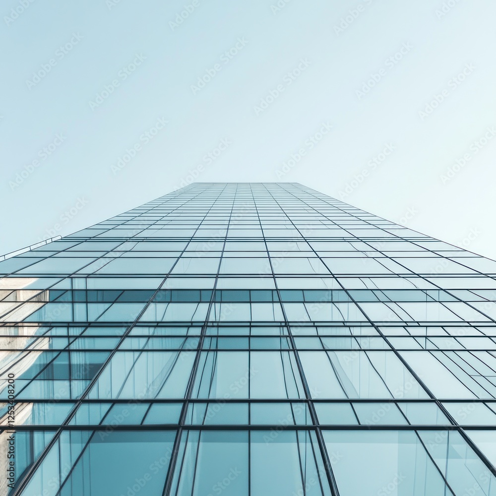 Modern glass skyscraper, city, clear sky, low angle view, corporate Modern glass skyscraper, city, clear sky, low angle view, corporate