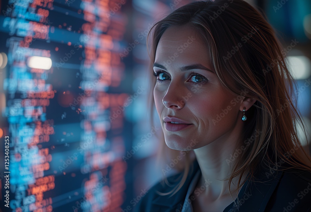 Confident female programmer working on complex code with multiple monitors in a modern tech office ideal for professional and innovation themed designs Confident female programmer working on complex code with multiple monitors in a modern tech office ideal for professional and innovation themed designs