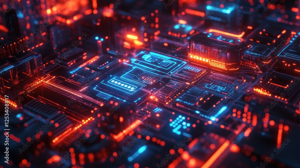 Abstract Futuristic Circuit Board Design With Red And Blue Lights Abstract Futuristic Circuit Board Design With Red And Blue Lights