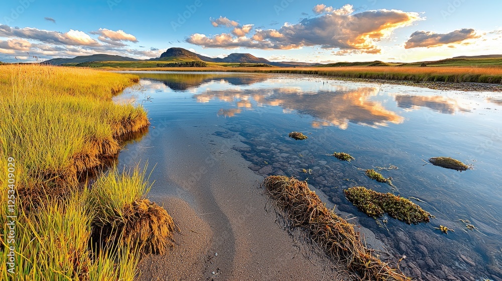 Fototapeta premium Calm river flows through a grassy valley under a cloudy sky at sunset with mountain reflections in the water.