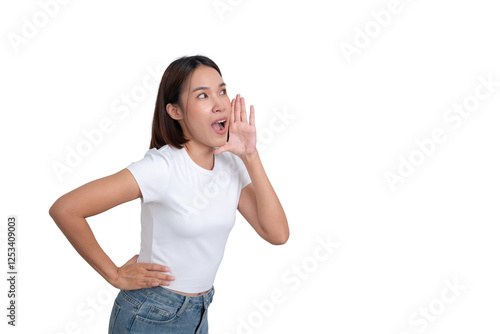 A portrait of young female wear white t-shirt ake a shouting gesture photo