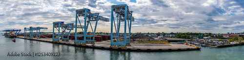 A ultra wide angle view across the container port in Boston in the early morning in the fall photo