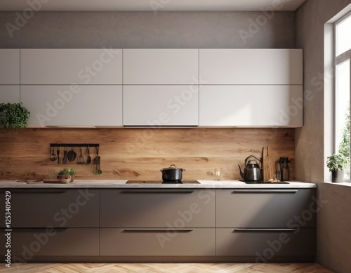 Modern Kitchen interior with empty blank wall for mockup template display. 3D Rendering