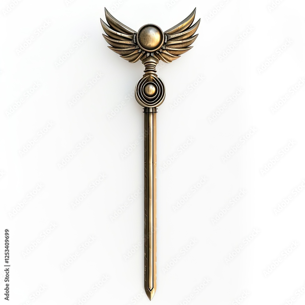 A stylized bronze staff with winged ornamentation, possibly symbolic or decorative. isolated on white background A stylized bronze staff with winged ornamentation, possibly symbolic or decorative. isolated on white background