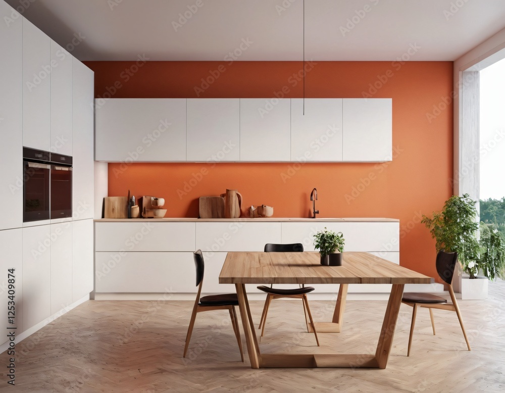 Modern Kitchen interior with empty blank wall for mockup template display. 3D Rendering Modern Kitchen interior with empty blank wall for mockup template display. 3D Rendering