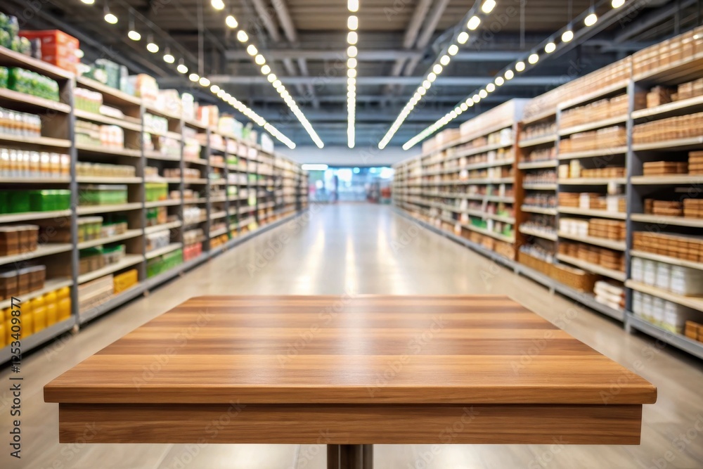 Empty Wooden Tabletop in a Modern Grocery Store Aisle with Product Shelves Empty Wooden Tabletop in a Modern Grocery Store Aisle with Product Shelves
