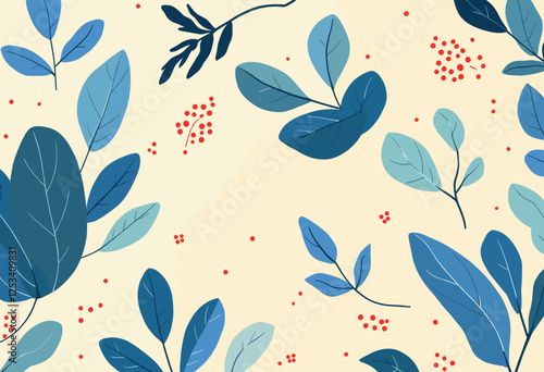 Stylized leaves and berries in shades of blue and red, scattered across a light beige background. Vector patterns, random pattern