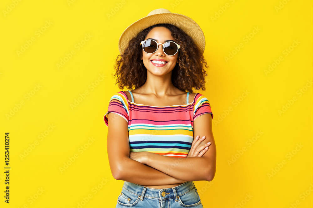 Fototapeta premium Woman in sunglasses and striped shirt smiling confidently on a vibrant yellow background.