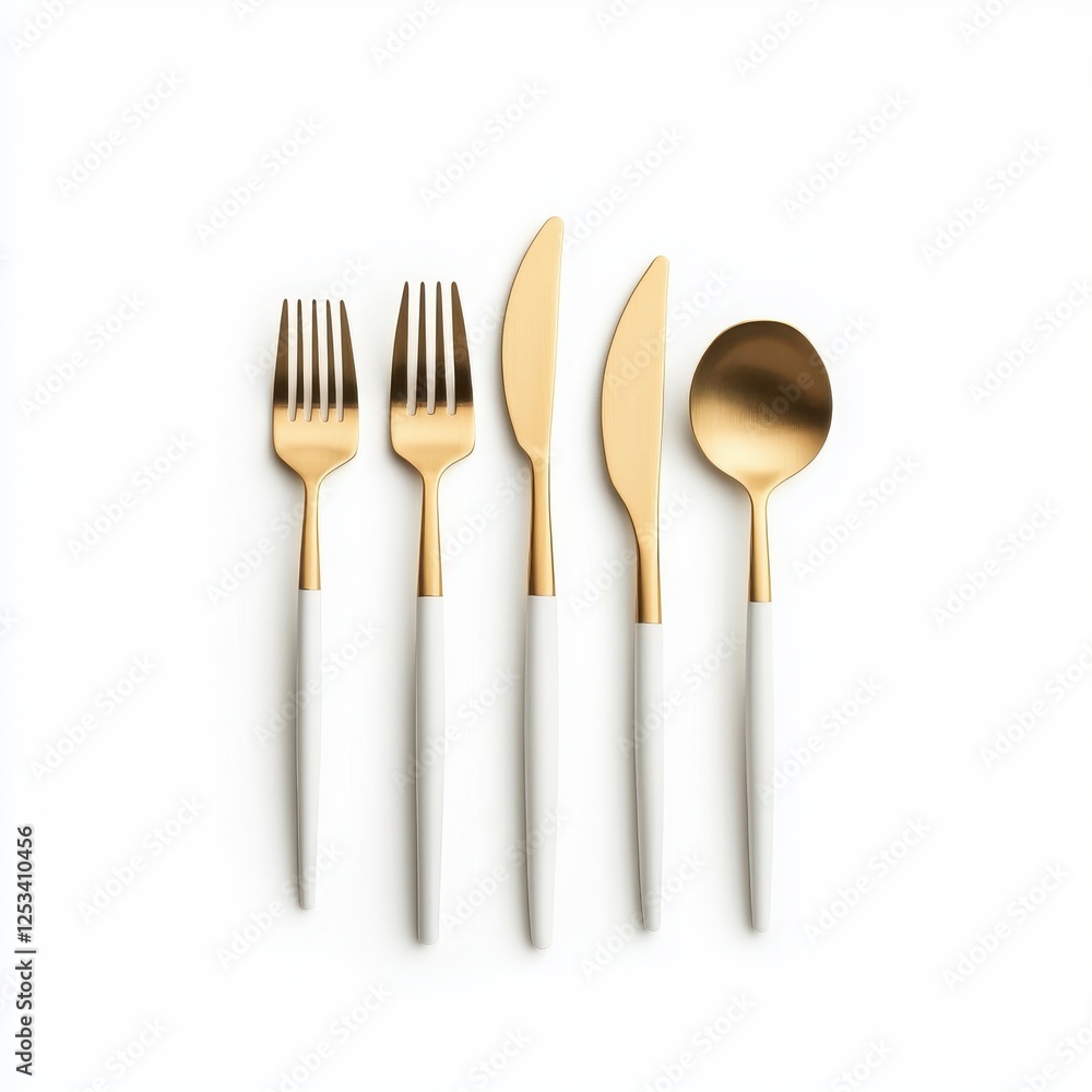Set of elegant gold cutlery on white isolated background. Set of elegant gold cutlery on white isolated background.