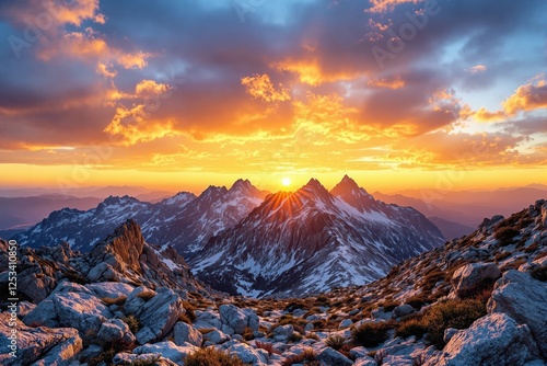 Majestic mountain landscape with a golden sunset sky. photo