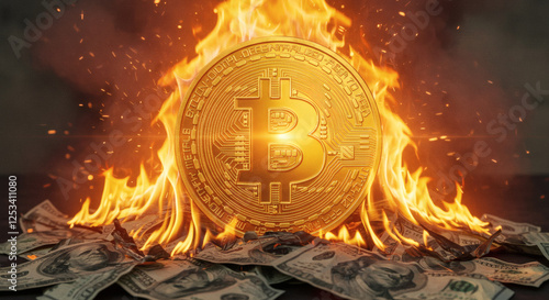 Bitcoin on flames above a burning pile of dollar bills, crypto, blockchain finance