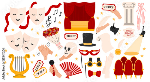 Theater elements set. Theatre stage with red curtain, theatrical comedy and drama mask, ticket, lyra, flowers, musical notes, pointe shoes. Theatre Day stickers. Flat Vector illustration