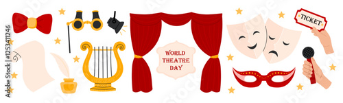 Theater elements set. Theatre red curtain, theatrical comedy and drama mask, ticket, lyra. Theatre Day stickers. Flat Vector illustration isolated on white background