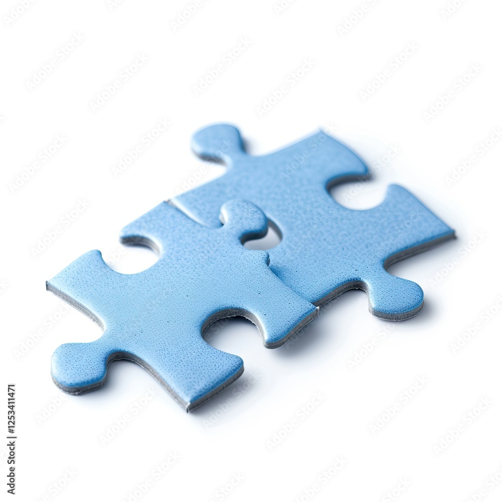 Obraz premium Two interlocking blue puzzle pieces on a white background.
