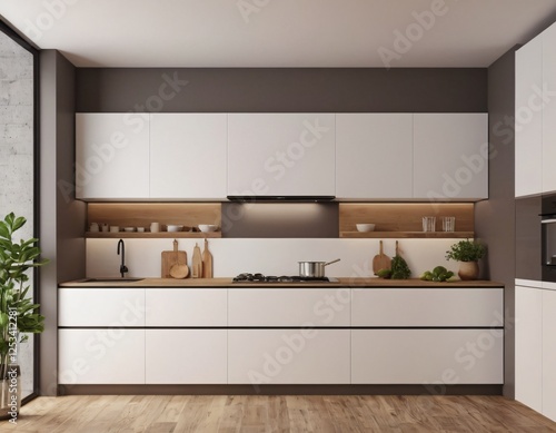 Modern Kitchen interior with empty blank wall for mockup template display. 3D Rendering
