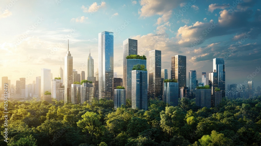 Green Urban Skyline: Skyscrapers Rising Above the Forest Green Urban Skyline: Skyscrapers Rising Above the Forest