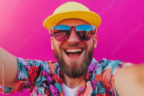 Happy young caucasian man in tropical shirt against pink background photo