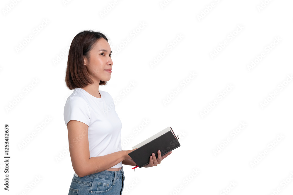 A portrait of young female wear white t-shirt are reading the book A portrait of young female wear white t-shirt are reading the book