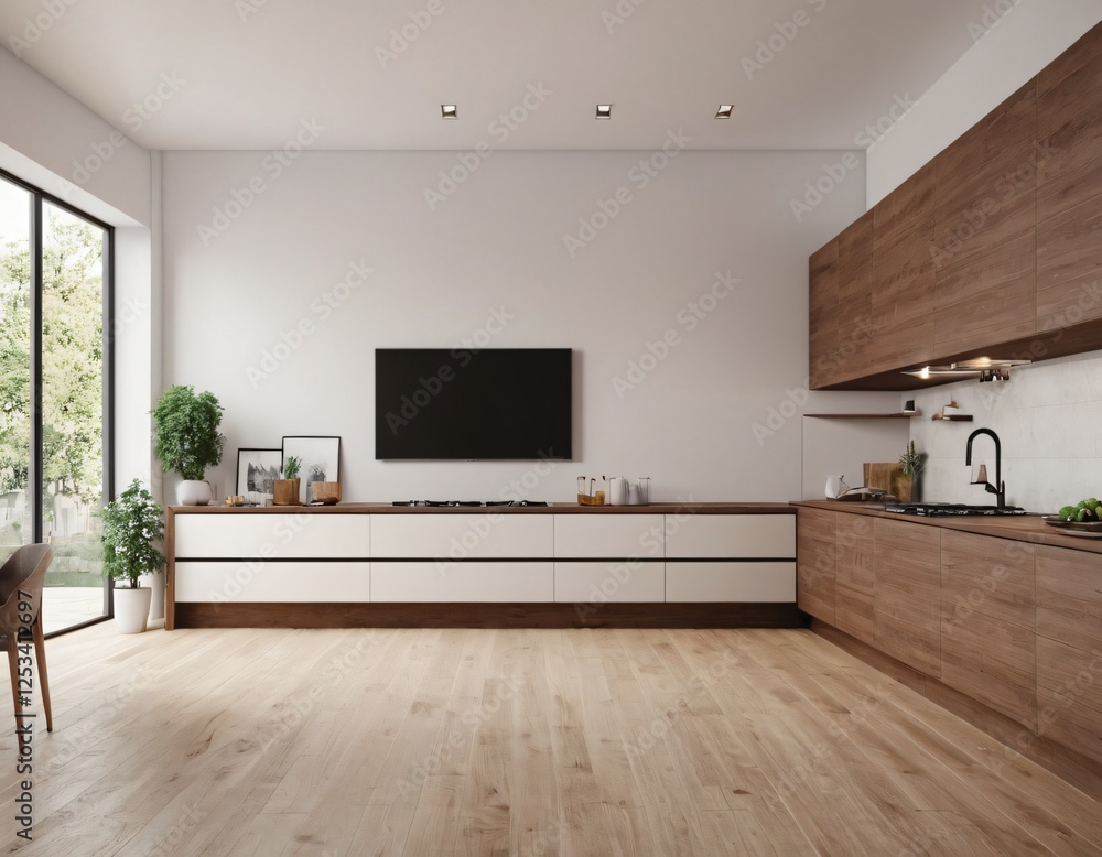 Modern Kitchen interior with empty blank wall for mockup template display. 3D Rendering Modern Kitchen interior with empty blank wall for mockup template display. 3D Rendering