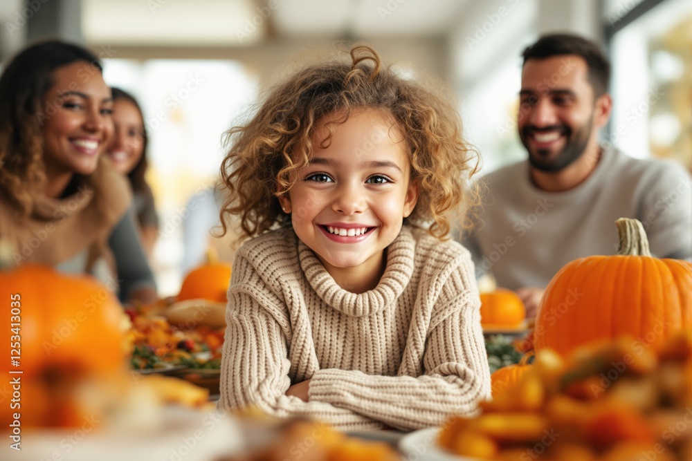 Smiling child with curly hair at a festive table with pumpkins and family in background. Smiling child with curly hair at a festive table with pumpkins and family in background.