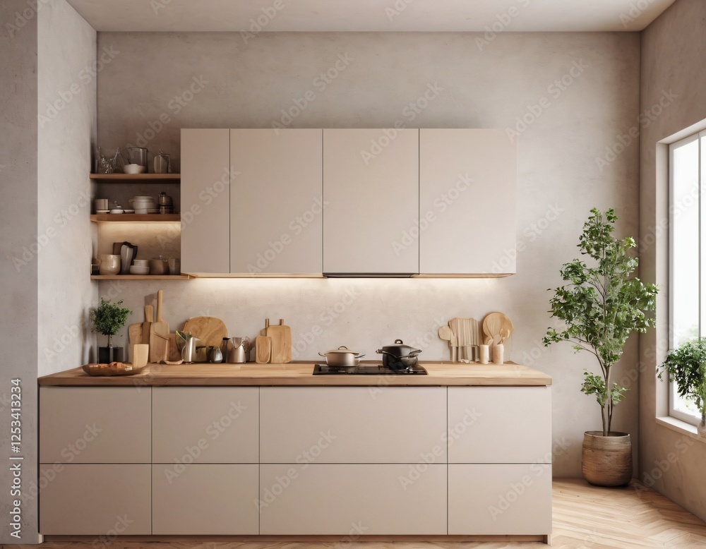 Fototapeta premium Modern Kitchen interior with empty blank wall for mockup template display. 3D Rendering